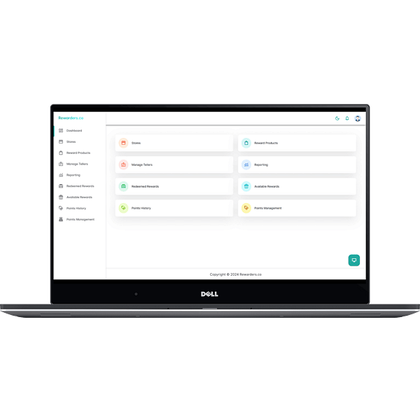 Rewarders.co dashboard on a laptop, shows a loyalty program